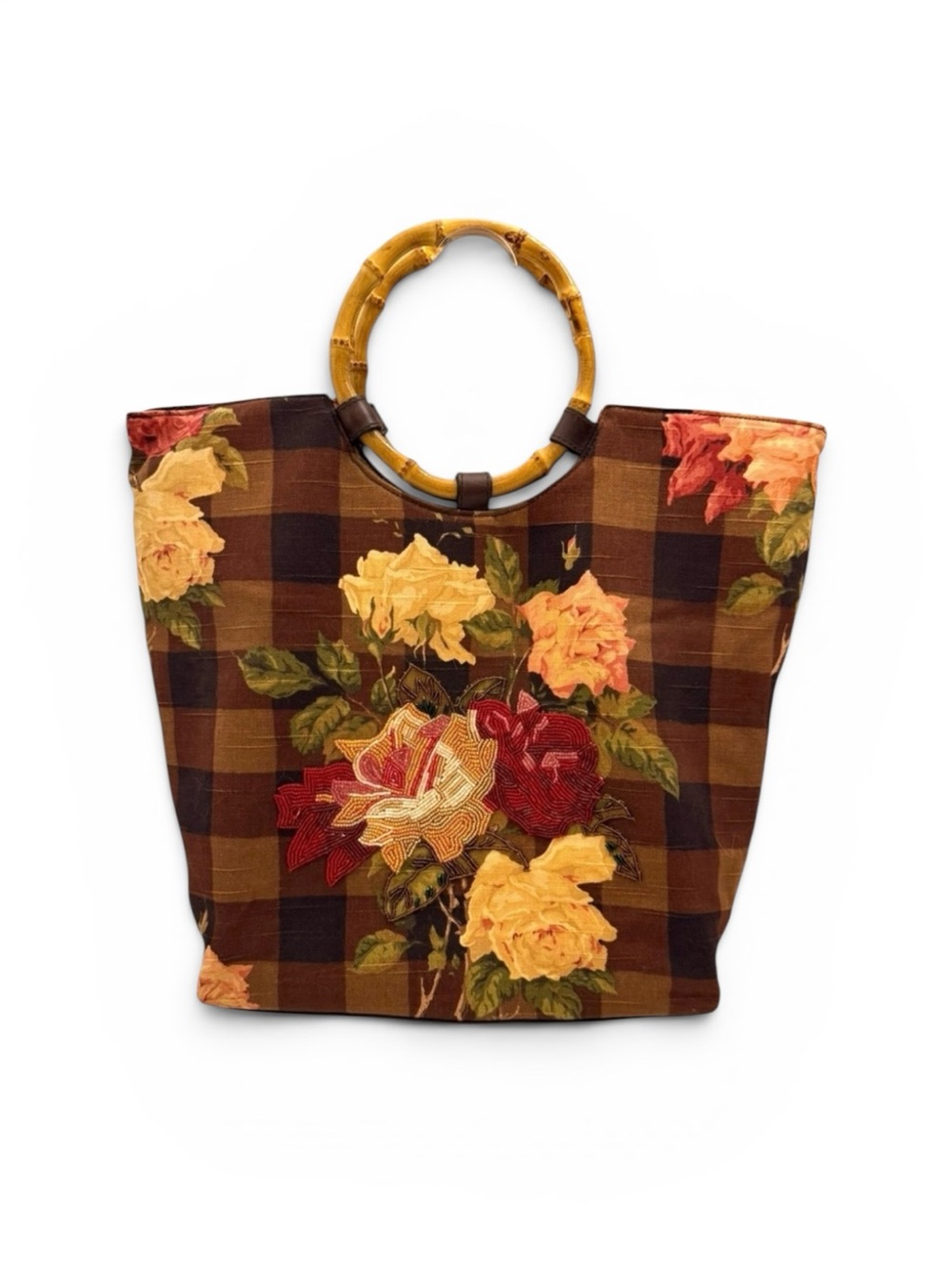 Cynthia Hart Los Angeles Floral Plaid Tote Bag Purse Bamboo Handles Gold Brown - Picture 1 of 14